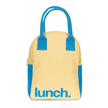 Yellow organic cotton zipper lunch bag with 'Lunch' text in blue