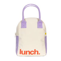 Organic cotton zipper lunch bag with 'Lunch' text in red