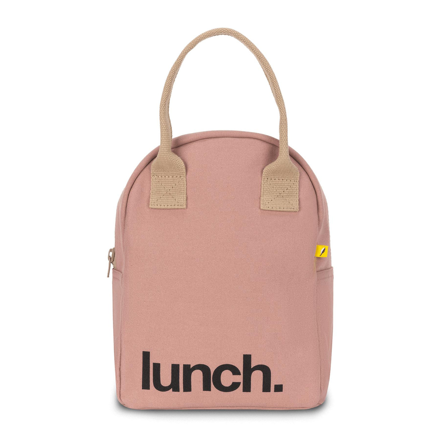 Eco friendly pink zipper lunch bag with 'lunch' motif 