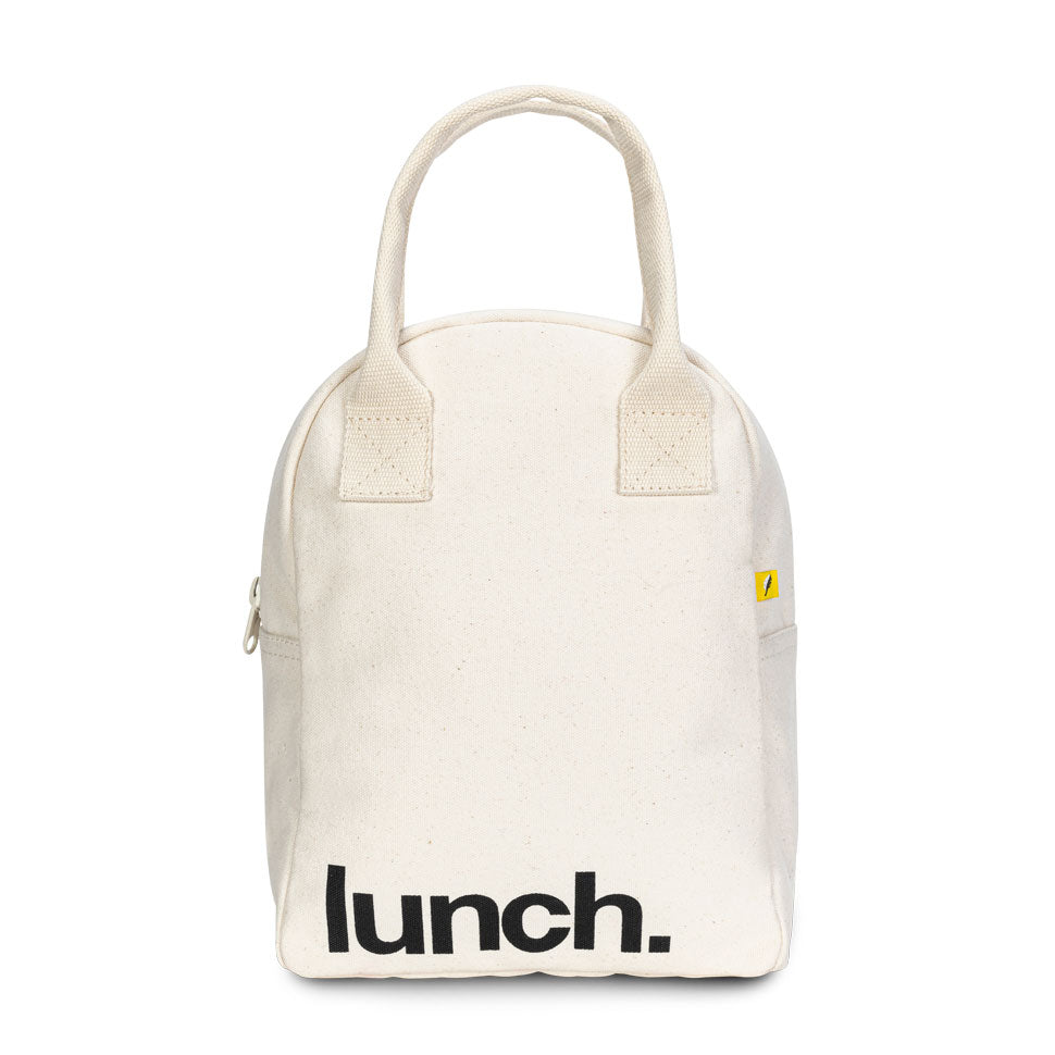 Unisex lunch bag in natural color and 'lunch' motif.