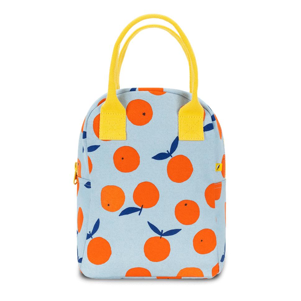 chic lunch bag by fluf, blue with cute oranges 