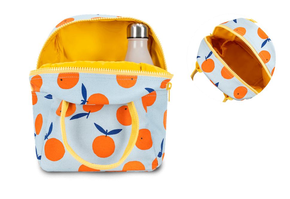 stylish oranges pattern lunch bag with pocket for water bottle by fluf 