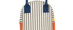 Organic cotton zipper lunch bag with grey stripes and blue handle