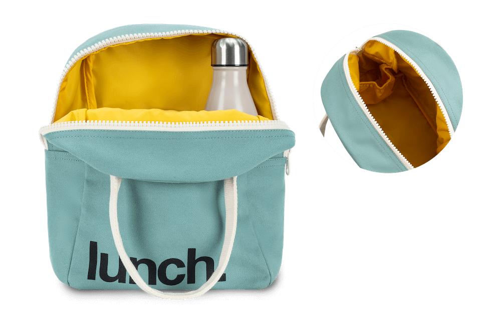 Organic 'lunch' lunch bag with bottle holder in teal color by fluf