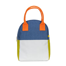 Organic cotton zipper lunch bag with blue and green colorblocking