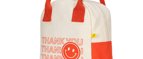 Organic cotton zipper lunch bag with thank you text