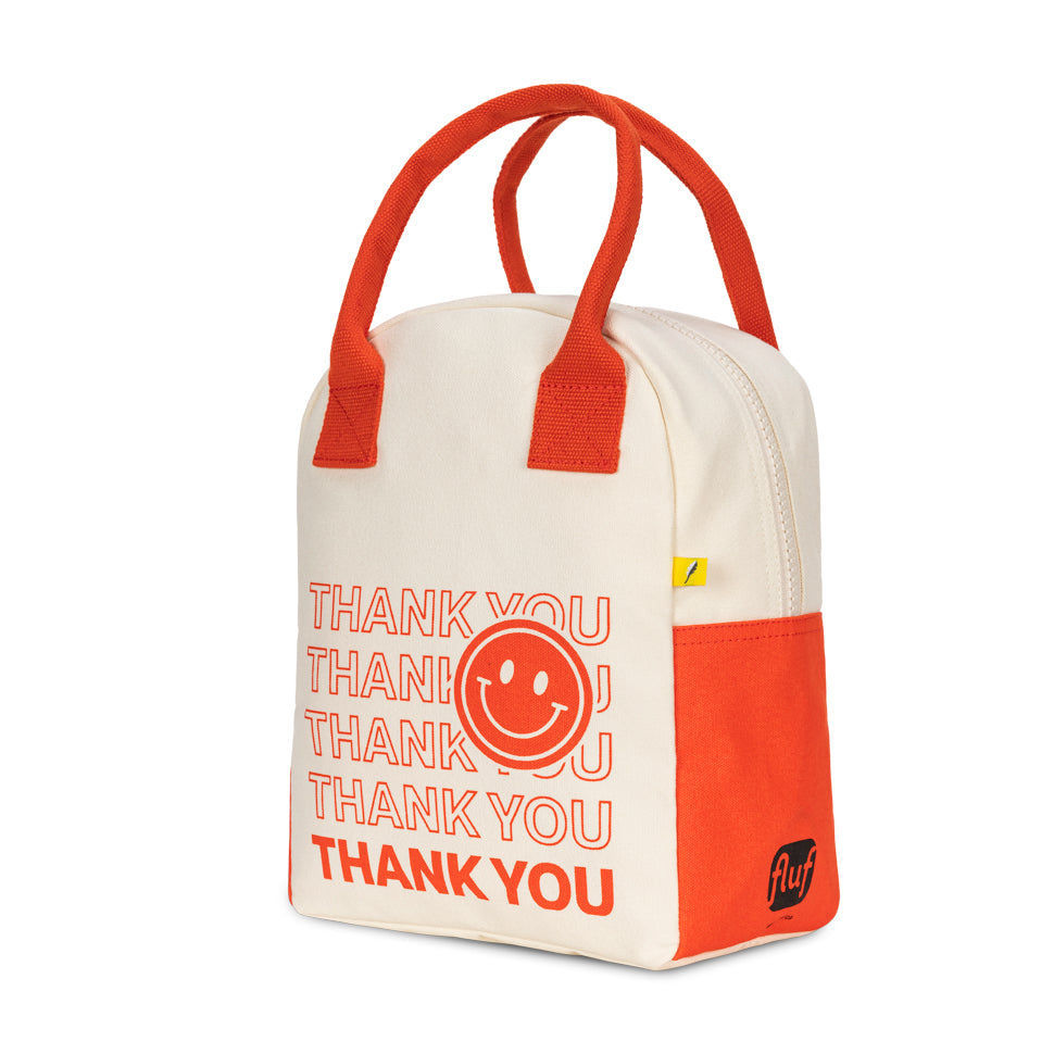 Organic cotton zipper lunch bag with thank you text
