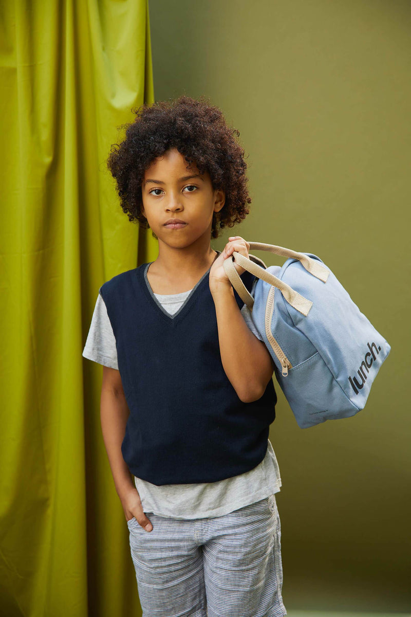 Organic Zipper Lunch bag - 'Lunch' Blue for Work & School By Fluf