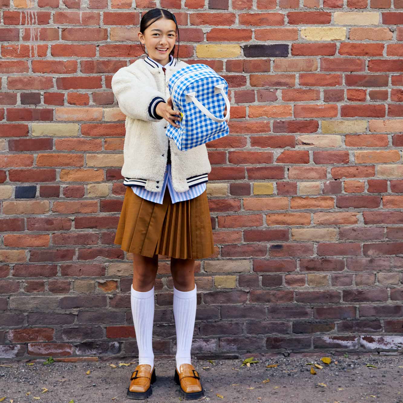 teenager present organic zipper blue and white gingham lunch bag by Fluf